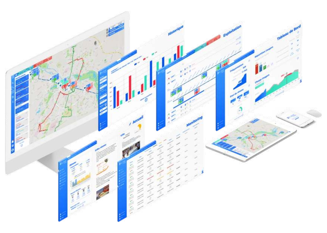 Webreathe CARE software dashboard — multi-screen overview showing WE·MAP live network map, WE·EXPLOIT, WE·STAT historical analytics, and Tableau de Bord executive dashboard