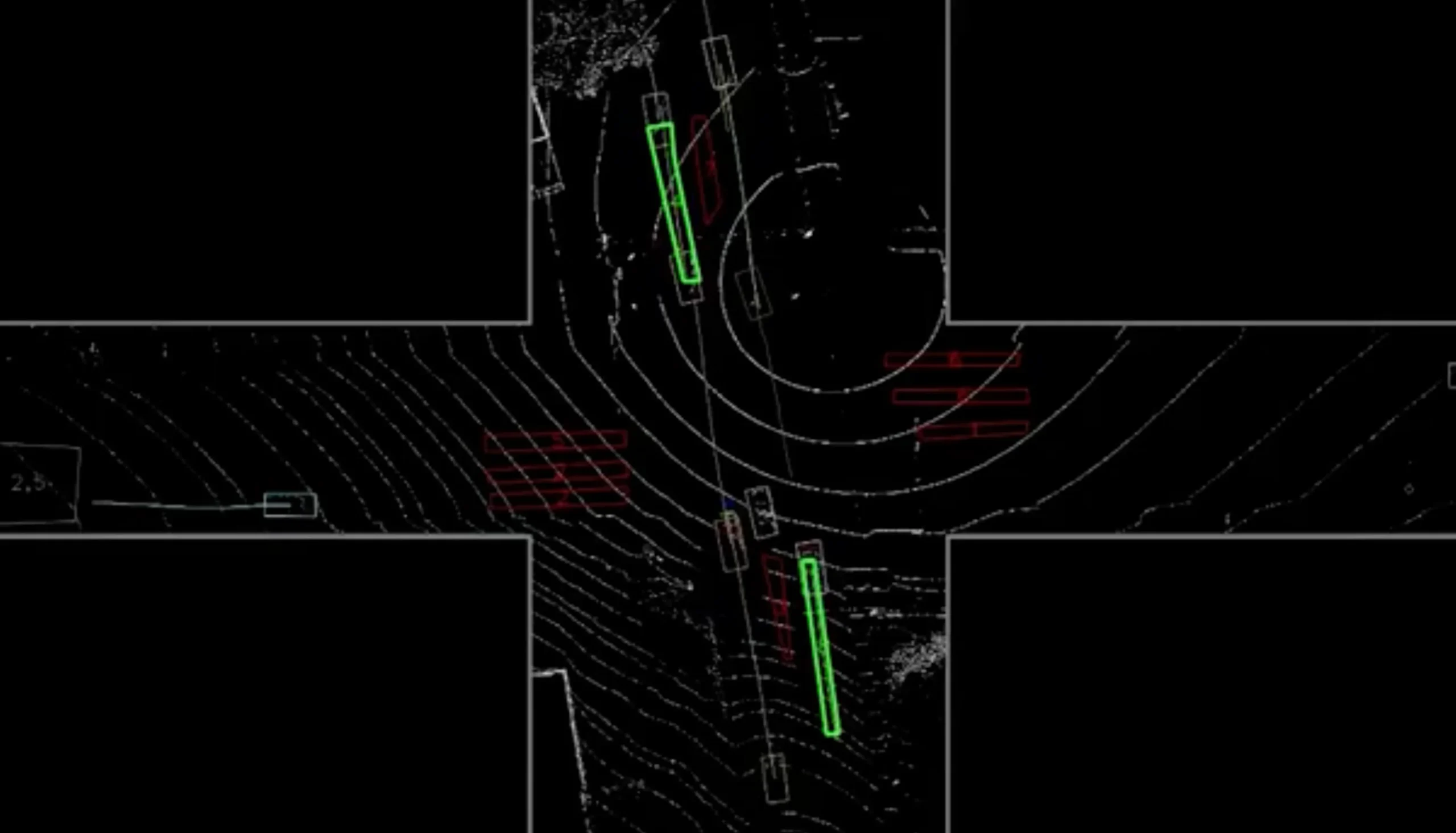LiDAR point cloud overhead view of city intersection showing classified road users — vehicles, pedestrians and cyclists detected simultaneously