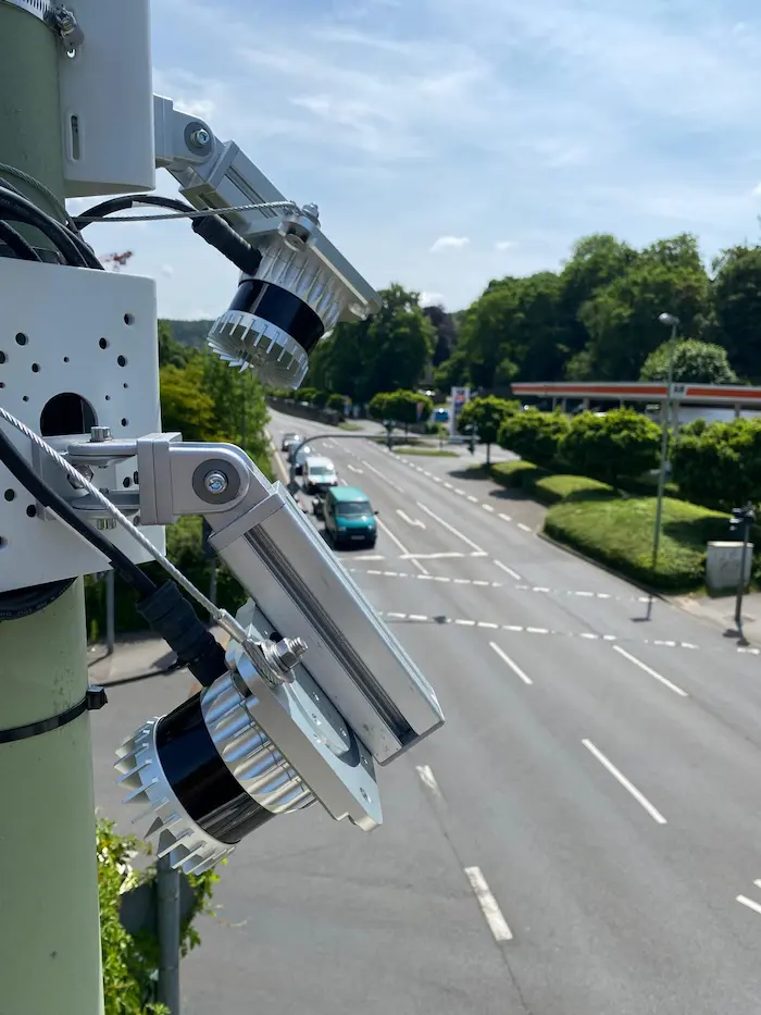 LASE PeCo LC3.0 Pro LiDAR sensor mounted on a pole for pedestrian and cyclist counting
