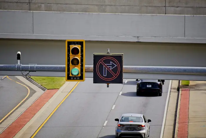 Ramp metering signal at freeway on-ramp — vehicles queuing for controlled entry to mainline freeway