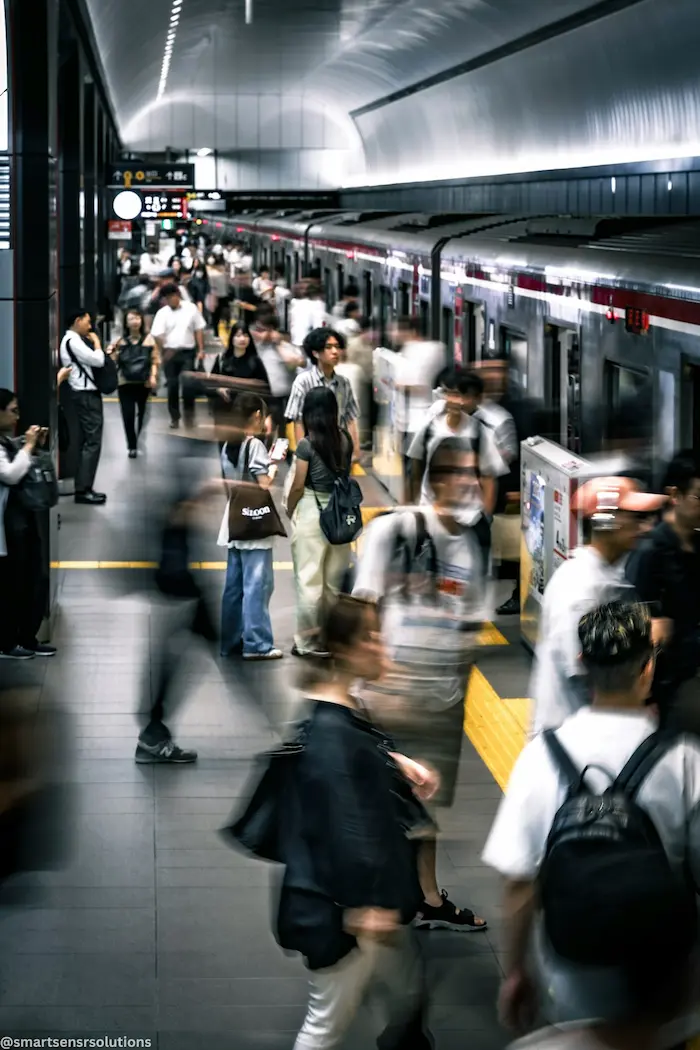 Commuter rail platform with passengers boarding and alighting — the operational data challenge that automatic passenger counting solves