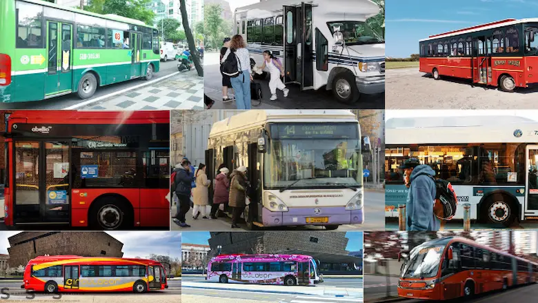 Side by side comparison of a standard two-door bus and a high-capacity multi-door articulated bus